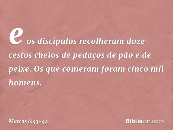 e os discípulos recolheram doze cestos cheios de pedaços de pão e de peixe. Os que comeram foram cinco mil homens. -- Marcos 6:43-44