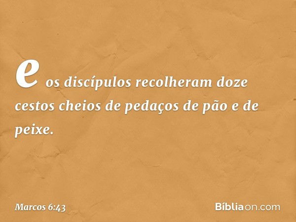 e os discípulos recolheram doze cestos cheios de pedaços de pão e de peixe. -- Marcos 6:43