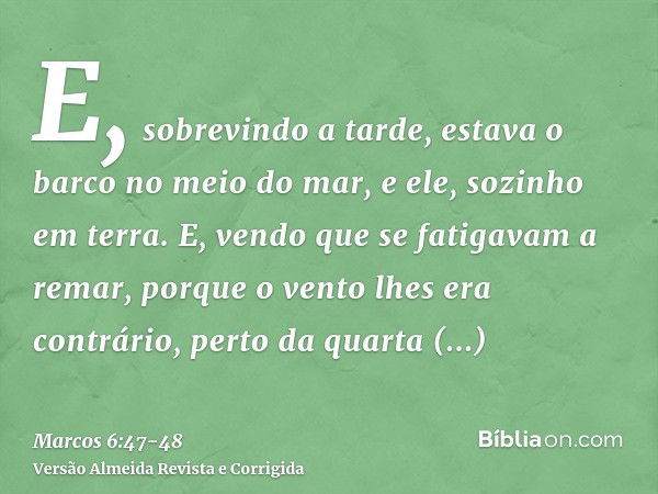 E, sobrevindo a tarde, estava o barco no meio do mar, e ele, sozinho em terra.E, vendo que se fatigavam a remar, porque o vento lhes era contrário, perto da qua