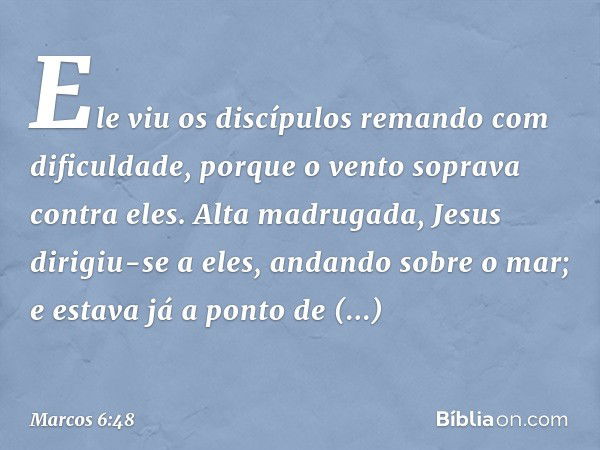 Ele viu os discípulos remando com dificuldade, porque o vento soprava contra eles. Alta madrugada, Jesus dirigiu-se a eles, andando sobre o mar; e estava já a p