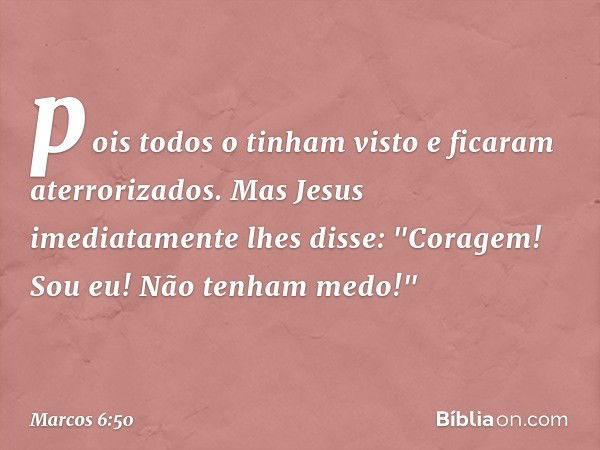 pois todos o tinham visto e ficaram aterrorizados. Mas Jesus imediatamente lhes disse: "Coragem! Sou eu! Não tenham medo!" -- Marcos 6:50