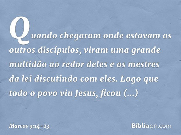 Quando chegaram onde estavam os outros discípulos, viram uma grande multidão ao redor deles e os mestres da lei discutindo com eles. Logo que todo o povo viu Je