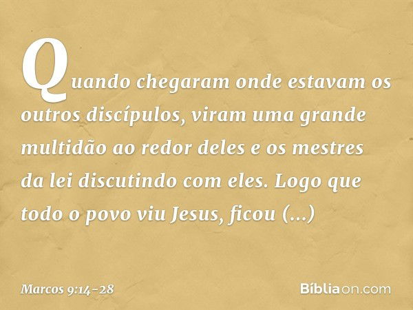 Quando chegaram onde estavam os outros discípulos, viram uma grande multidão ao redor deles e os mestres da lei discutindo com eles. Logo que todo o povo viu Je