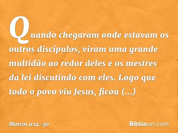 Quando chegaram onde estavam os outros discípulos, viram uma grande multidão ao redor deles e os mestres da lei discutindo com eles. Logo que todo o povo viu Je