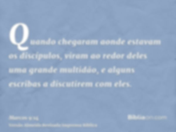 Quando chegaram aonde estavam os discípulos, viram ao redor deles uma grande multidão, e alguns escribas a discutirem com eles.