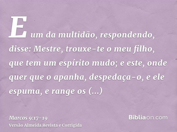 E um da multidão, respondendo, disse: Mestre, trouxe-te o meu filho, que tem um espírito mudo;e este, onde quer que o apanha, despedaça-o, e ele espuma, e range