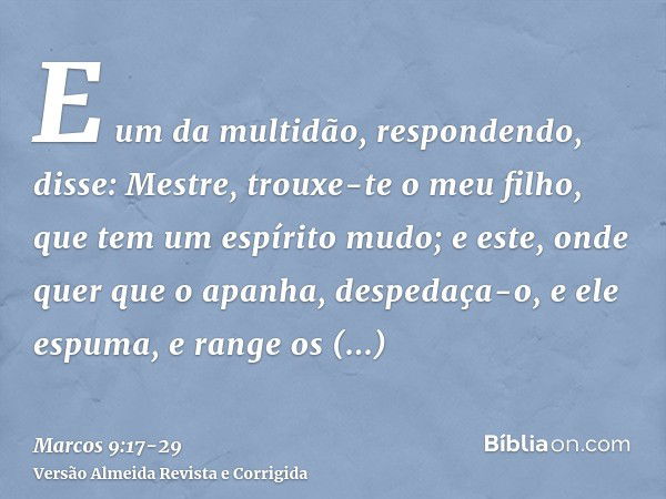 E um da multidão, respondendo, disse: Mestre, trouxe-te o meu filho, que tem um espírito mudo;e este, onde quer que o apanha, despedaça-o, e ele espuma, e range