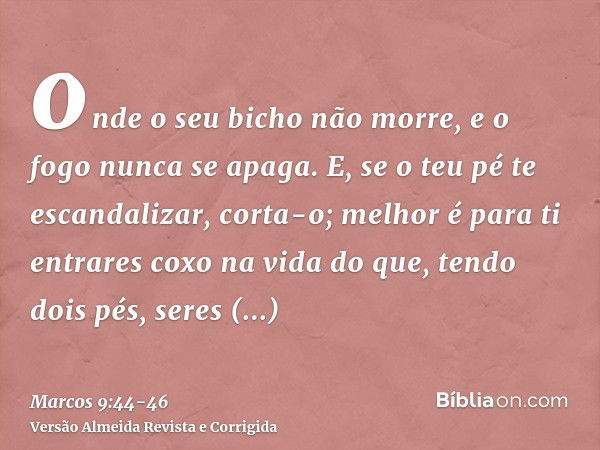 onde o seu bicho não morre, e o fogo nunca se apaga.E, se o teu pé te escandalizar, corta-o; melhor é para ti entrares coxo na vida do que, tendo dois pés, sere