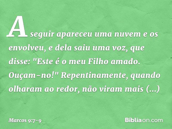 A seguir apareceu uma nuvem e os envolveu, e dela saiu uma voz, que disse: "Este é o meu Filho amado. Ouçam-no!" Repentinamente, quando olharam ao redor, não vi