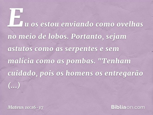 Eu os estou enviando como ovelhas no meio de lobos. Portanto, sejam astutos como as serpentes e sem malícia como as pombas. "Tenham cuidado, pois os homens os e