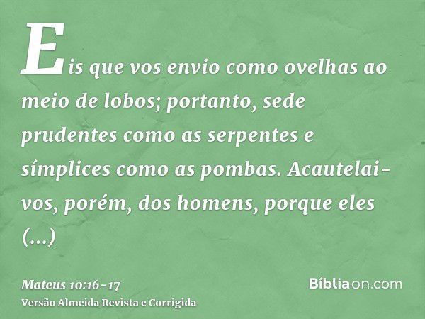 Eis que vos envio como ovelhas ao meio de lobos; portanto, sede prudentes como as serpentes e símplices como as pombas.Acautelai-vos, porém, dos homens, porque 