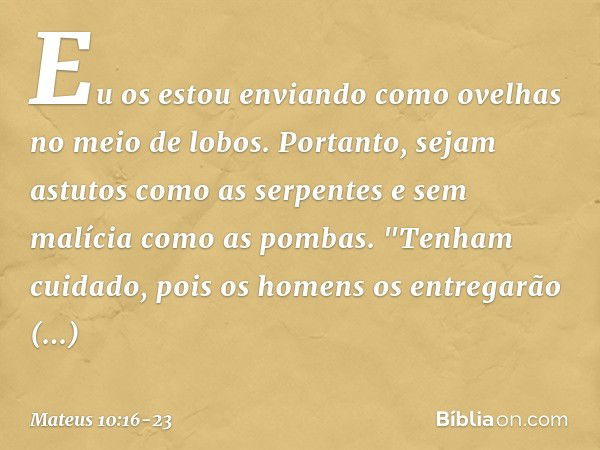 Eu os estou enviando como ovelhas no meio de lobos. Portanto, sejam astutos como as serpentes e sem malícia como as pombas. "Tenham cuidado, pois os homens os e