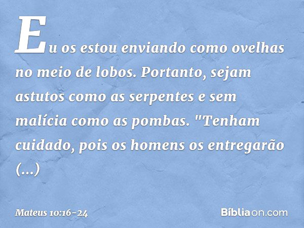 Eu os estou enviando como ovelhas no meio de lobos. Portanto, sejam astutos como as serpentes e sem malícia como as pombas. "Tenham cuidado, pois os homens os e