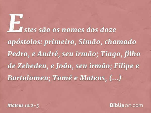 Estes são os nomes dos doze apóstolos: primeiro, Simão, chamado Pedro, e André, seu irmão; Tiago, filho de Zebedeu, e João, seu irmão; Filipe e Bartolomeu; Tomé