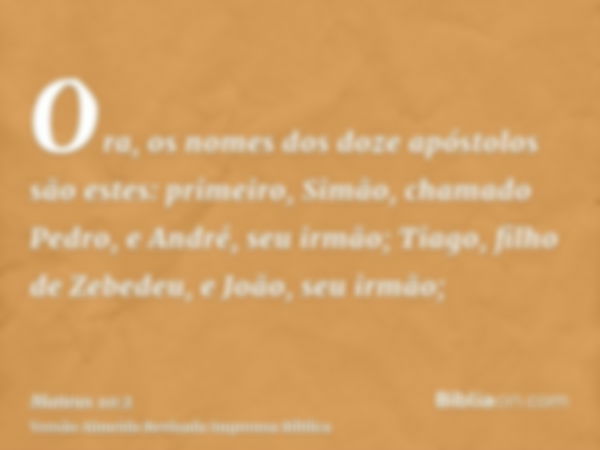 Ora, os nomes dos doze apóstolos são estes: primeiro, Simão, chamado Pedro, e André, seu irmão; Tiago, filho de Zebedeu, e João, seu irmão;