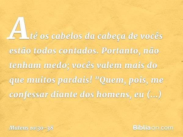 Até os cabelos da cabeça de vocês estão todos contados. Portanto, não tenham medo; vocês valem mais do que muitos pardais! "Quem, pois, me confessar diante dos 