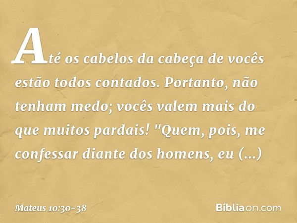 Até os cabelos da cabeça de vocês estão todos contados. Portanto, não tenham medo; vocês valem mais do que muitos pardais! "Quem, pois, me confessar diante dos 