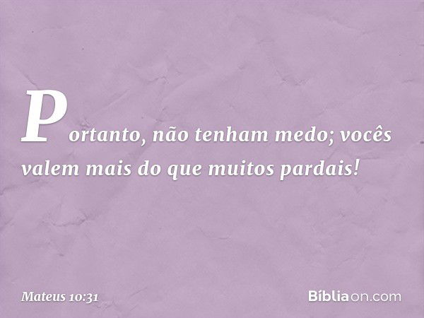 Portanto, não tenham medo; vocês valem mais do que muitos pardais! -- Mateus 10:31