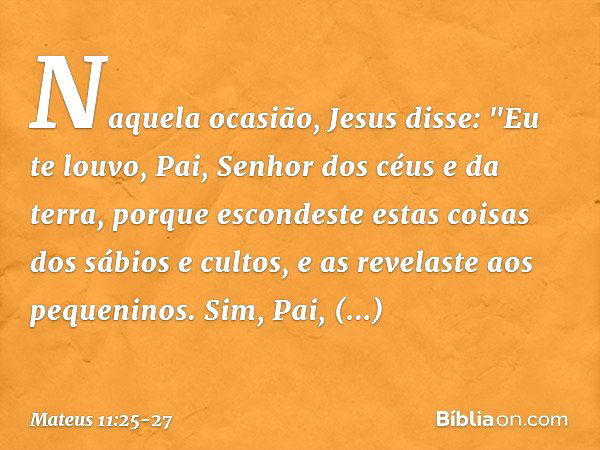 Naquela ocasião, Jesus disse: "Eu te louvo, Pai, Senhor dos céus e da terra, porque escondeste estas coisas dos sábios e cultos, e as revelaste aos pequeninos. 