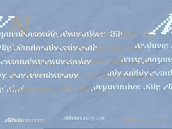 Naquela ocasião, Jesus disse: "Eu te louvo, Pai, Senhor dos céus e da terra, porque escondeste estas coisas dos sábios e cultos, e as revelaste aos pequeninos. 