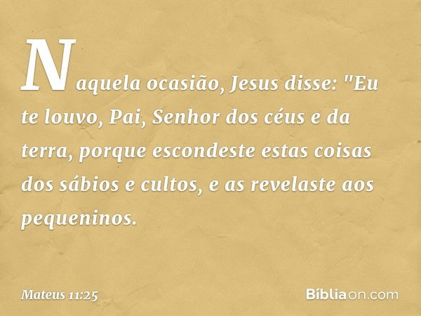 Naquela ocasião, Jesus disse: "Eu te louvo, Pai, Senhor dos céus e da terra, porque escondeste estas coisas dos sábios e cultos, e as revelaste aos pequeninos. 