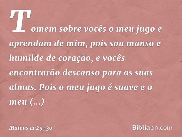 Tomem sobre vocês o meu jugo e aprendam de mim, pois sou manso e humilde de coração, e vocês encontrarão descanso para as suas almas. Pois o meu jugo é suave e 