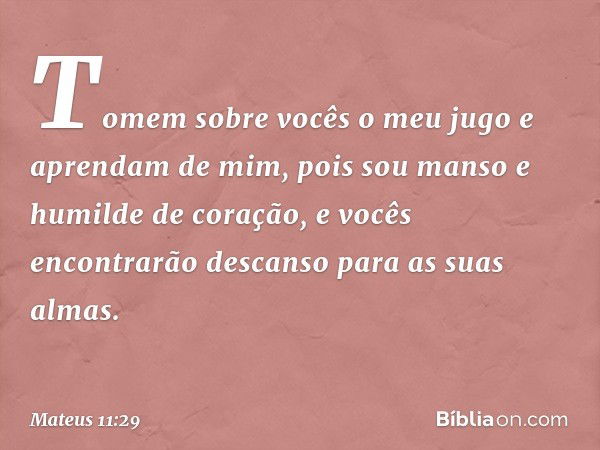 Tomem sobre vocês o meu jugo e aprendam de mim, pois sou manso e humilde de coração, e vocês encontrarão descanso para as suas almas. -- Mateus 11:29