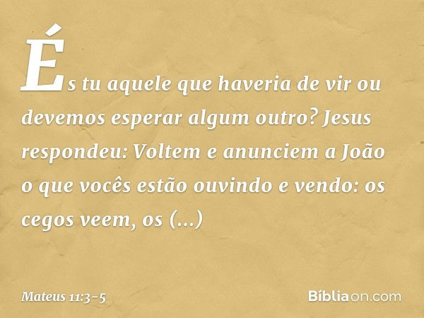 "És tu aquele que haveria de vir ou devemos esperar algum outro?" Jesus respondeu: "Voltem e anunciem a João o que vocês estão ouvindo e vendo: os cegos veem, o