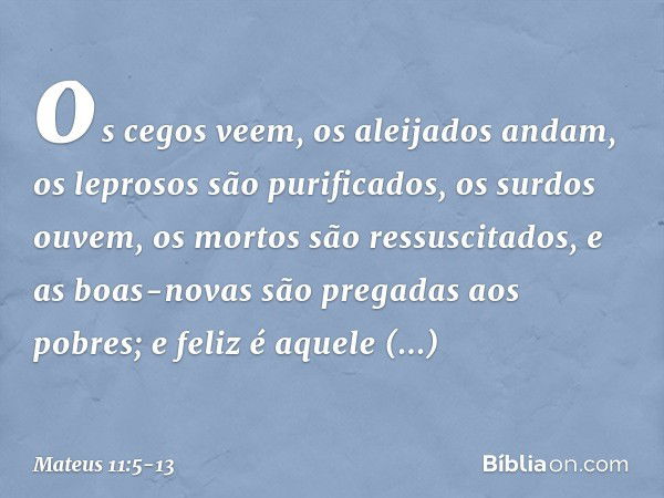 os cegos veem, os aleijados andam, os leprosos são purificados, os surdos ouvem, os mortos são ressuscitados, e as boas-novas são pregadas aos pobres; e feliz é