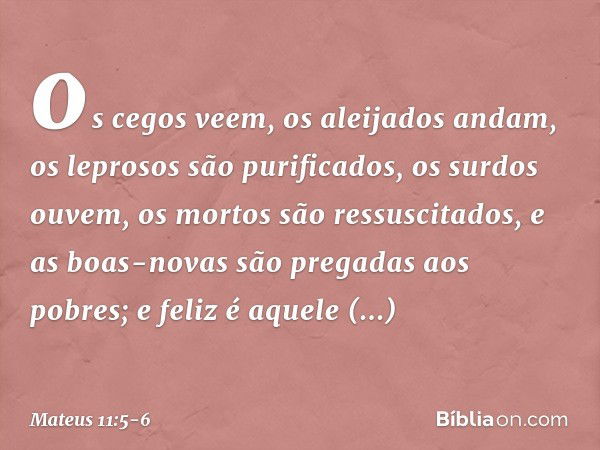 os cegos veem, os aleijados andam, os leprosos são purificados, os surdos ouvem, os mortos são ressuscitados, e as boas-novas são pregadas aos pobres; e feliz é