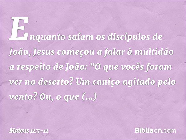 Enquanto saíam os discípulos de João, Jesus começou a falar à multidão a respeito de João: "O que vocês foram ver no deserto? Um caniço agitado pelo vento? Ou, 