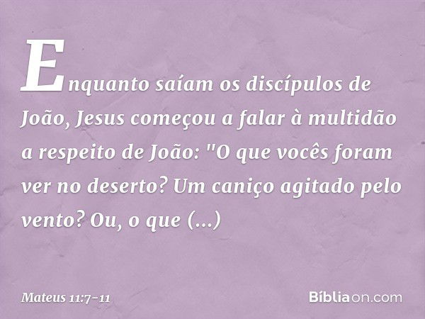 Enquanto saíam os discípulos de João, Jesus começou a falar à multidão a respeito de João: "O que vocês foram ver no deserto? Um caniço agitado pelo vento? Ou, 