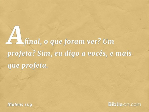 Afinal, o que foram ver? Um profeta? Sim, eu digo a vocês, e mais que profeta. -- Mateus 11:9