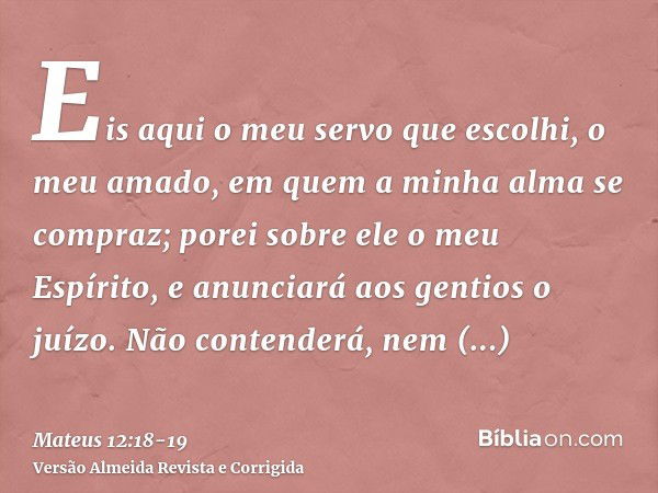 Eis aqui o meu servo que escolhi, o meu amado, em quem a minha alma se compraz; porei sobre ele o meu Espírito, e anunciará aos gentios o juízo.Não contenderá, 