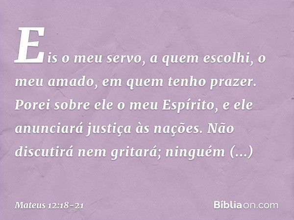 "Eis o meu servo,
a quem escolhi,
o meu amado,
em quem tenho prazer.
Porei sobre ele o meu Espírito,
e ele anunciará justiça
às nações. Não discutirá nem gritar