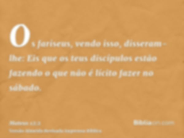 Os fariseus, vendo isso, disseram-lhe: Eis que os teus discípulos estão fazendo o que não é lícito fazer no sábado.