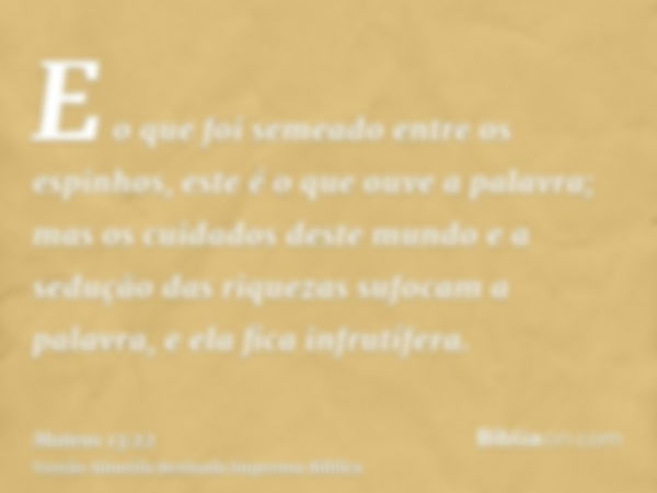 E o que foi semeado entre os espinhos, este é o que ouve a palavra; mas os cuidados deste mundo e a sedução das riquezas sufocam a palavra, e ela fica infrutífe