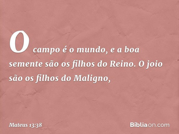 O campo é o mundo, e a boa semente são os filhos do Reino. O joio são os filhos do Maligno, -- Mateus 13:38