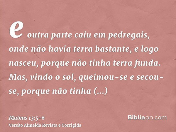 e outra parte caiu em pedregais, onde não havia terra bastante, e logo nasceu, porque não tinha terra funda.Mas, vindo o sol, queimou-se e secou-se, porque não 