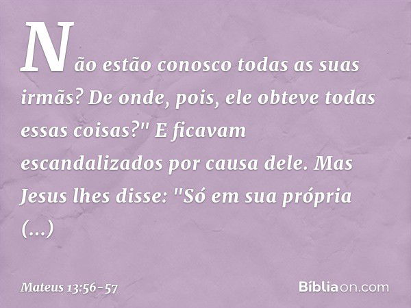 Não estão conosco todas as suas irmãs? De onde, pois, ele obteve todas essas coisas?" E ficavam escandalizados por causa dele.
Mas Jesus lhes disse: "Só em sua 