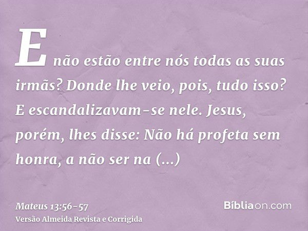 E não estão entre nós todas as suas irmãs? Donde lhe veio, pois, tudo isso?E escandalizavam-se nele. Jesus, porém, lhes disse: Não há profeta sem honra, a não s