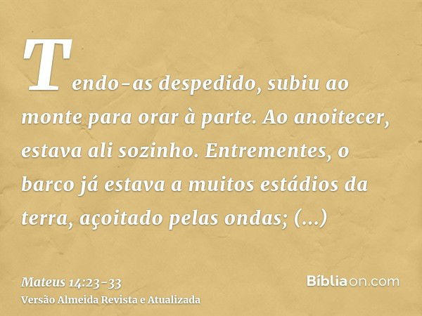 Tendo-as despedido, subiu ao monte para orar à parte. Ao anoitecer, estava ali sozinho.Entrementes, o barco já estava a muitos estádios da terra, açoitado pelas