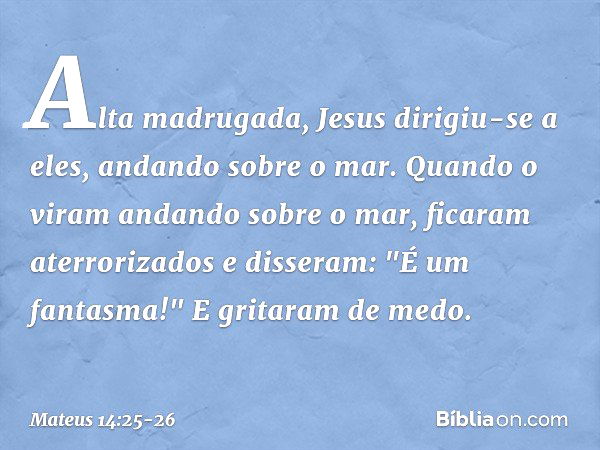 Alta madrugada, Jesus dirigiu-se a eles, andando sobre o mar. Quando o viram andando sobre o mar, ficaram aterrorizados e disseram: "É um fantasma!" E gritaram 