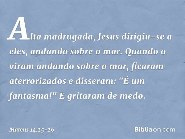 Alta madrugada, Jesus dirigiu-se a eles, andando sobre o mar. Quando o viram andando sobre o mar, ficaram aterrorizados e disseram: "É um fantasma!" E gritaram 