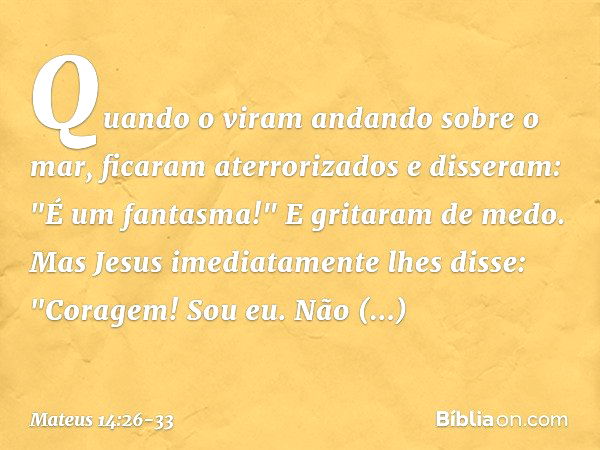 Quando o viram andando sobre o mar, ficaram aterrorizados e disseram: "É um fantasma!" E gritaram de medo. Mas Jesus imediatamente lhes disse: "Coragem! Sou eu.