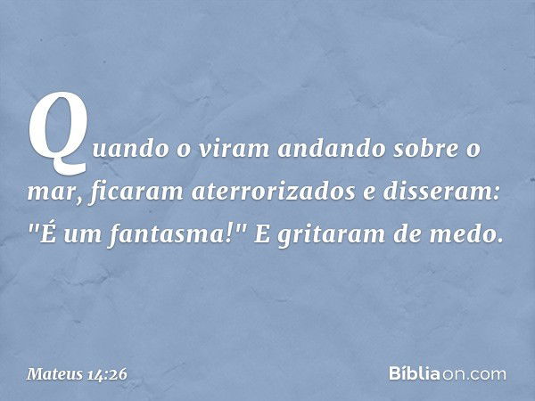 Quando o viram andando sobre o mar, ficaram aterrorizados e disseram: "É um fantasma!" E gritaram de medo. -- Mateus 14:26