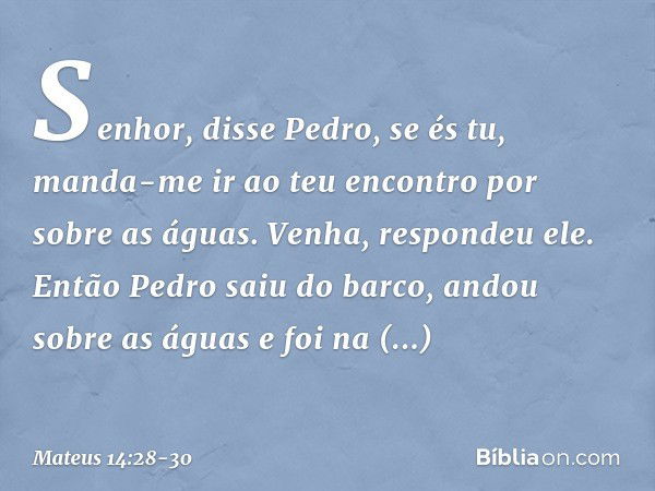 "Senhor", disse Pedro, "se és tu, manda-me ir ao teu encontro por sobre as águas". "Venha", respondeu ele.
Então Pedro saiu do barco, andou sobre as águas e foi