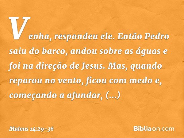 "Venha", respondeu ele.
Então Pedro saiu do barco, andou sobre as águas e foi na direção de Jesus. Mas, quando reparou no vento, ficou com medo e, começando a a