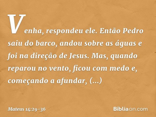 "Venha", respondeu ele.
Então Pedro saiu do barco, andou sobre as águas e foi na direção de Jesus. Mas, quando reparou no vento, ficou com medo e, começando a a