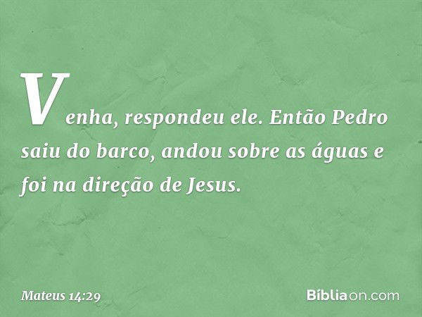 "Venha", respondeu ele.
Então Pedro saiu do barco, andou sobre as águas e foi na direção de Jesus. -- Mateus 14:29